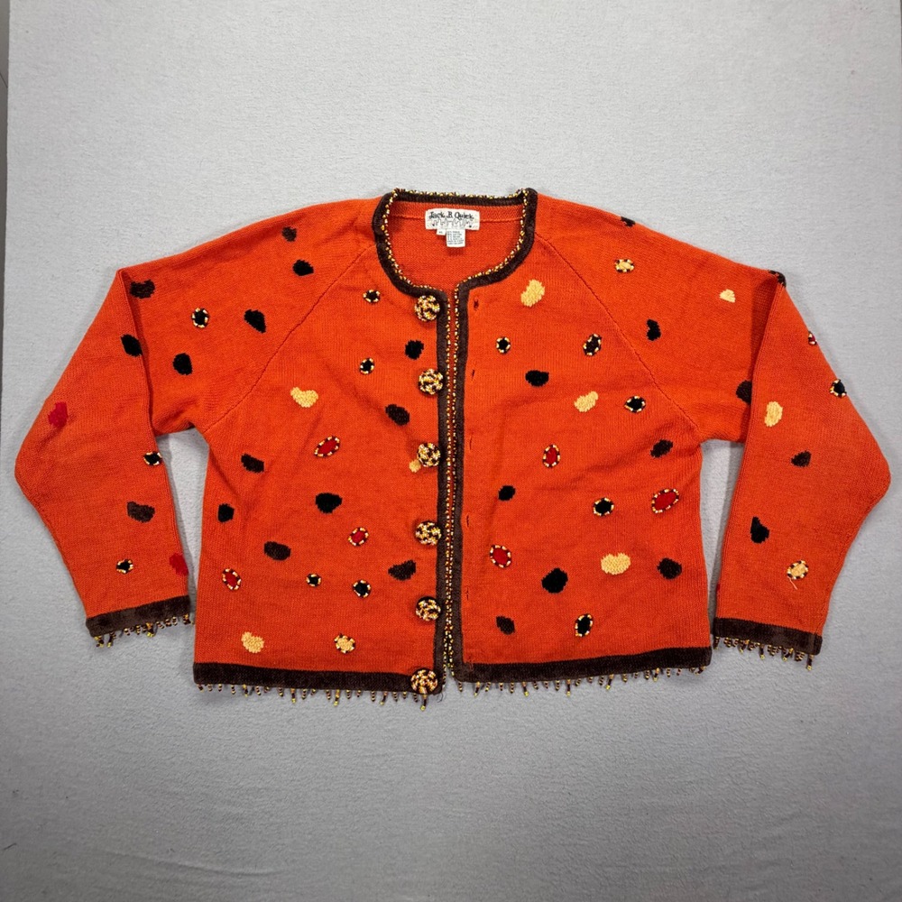 Jack B Quick Womens Cardigan Vintage Regular Orange Beaded Polka Dot XL